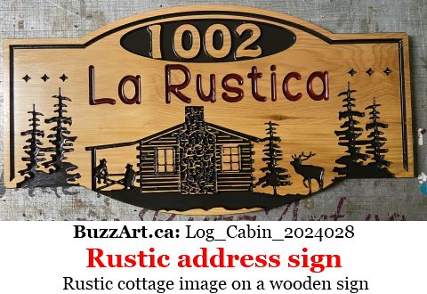 Rustic cottage image on a wooden sign
